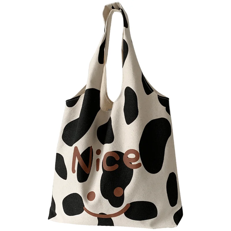 Женская сумка через плечо с милым рисунком коровы, холщовые сумки-тоут Большой емкости, корейские модные простые сумки для покупок с животными, женские MO131 5