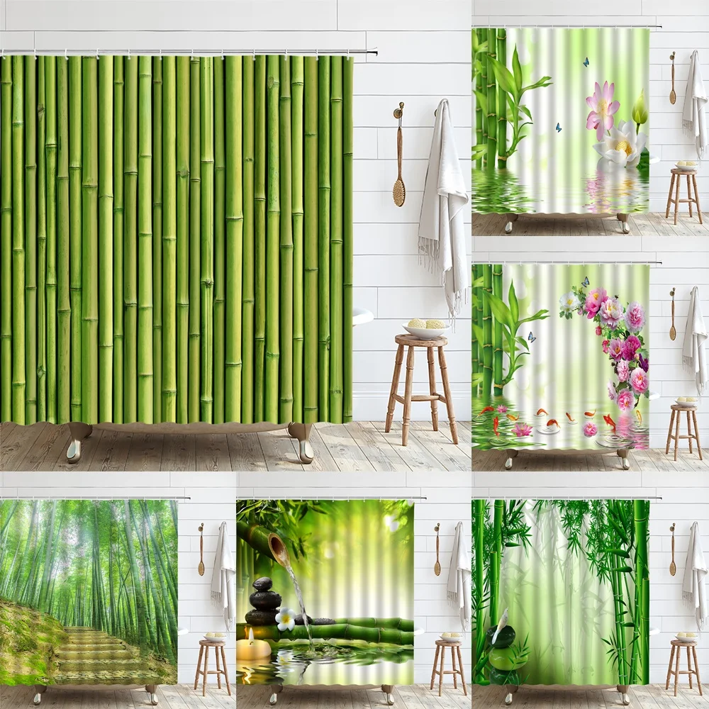 Зеленый Бамбуковый Забор Занавеска для Душа Тропическая Природа Растение Цветок Спа Лотос Полиэфирная Ткань Домашний Декор Ванной Комнаты Набор Экранов для ванны 0