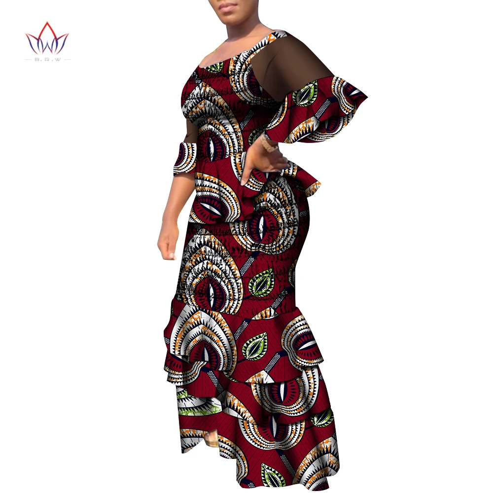 Комплект из эластичной юбки в африканском стиле для женщин, комплект из 2 предметов, женские топы с коротким рукавом и комплект из юбки с африканским принтом, многослойный Wy9244 2
