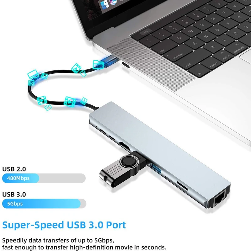 Концентратор USB Type C 3.0 для 4K HDMI-Совместимый RJ45 USB SD /TF Кардридер PD Быстрая зарядка 8-в-1 USB-док-станция USB 3.0 Адаптер Для ноутбука 1