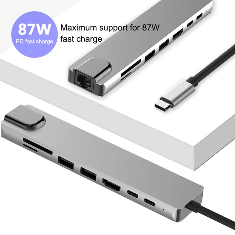 Концентратор USB Type C 3.0 для 4K HDMI-Совместимый RJ45 USB SD /TF Кардридер PD Быстрая зарядка 8-в-1 USB-док-станция USB 3.0 Адаптер Для ноутбука 2