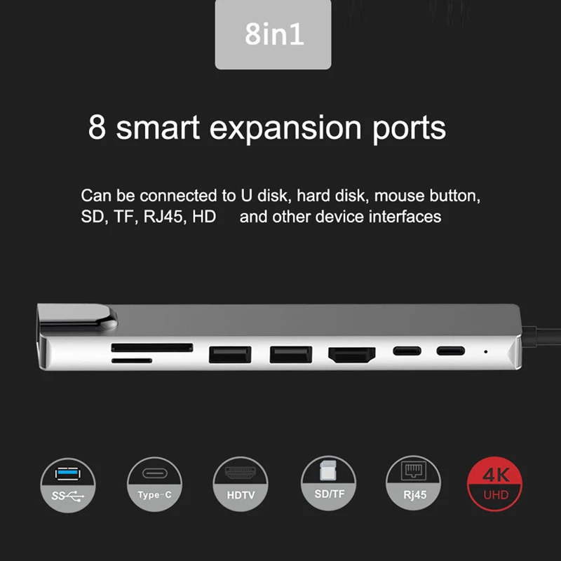 Концентратор USB Type C 3.0 для 4K HDMI-Совместимый RJ45 USB SD /TF Кардридер PD Быстрая зарядка 8-в-1 USB-док-станция USB 3.0 Адаптер Для ноутбука 3