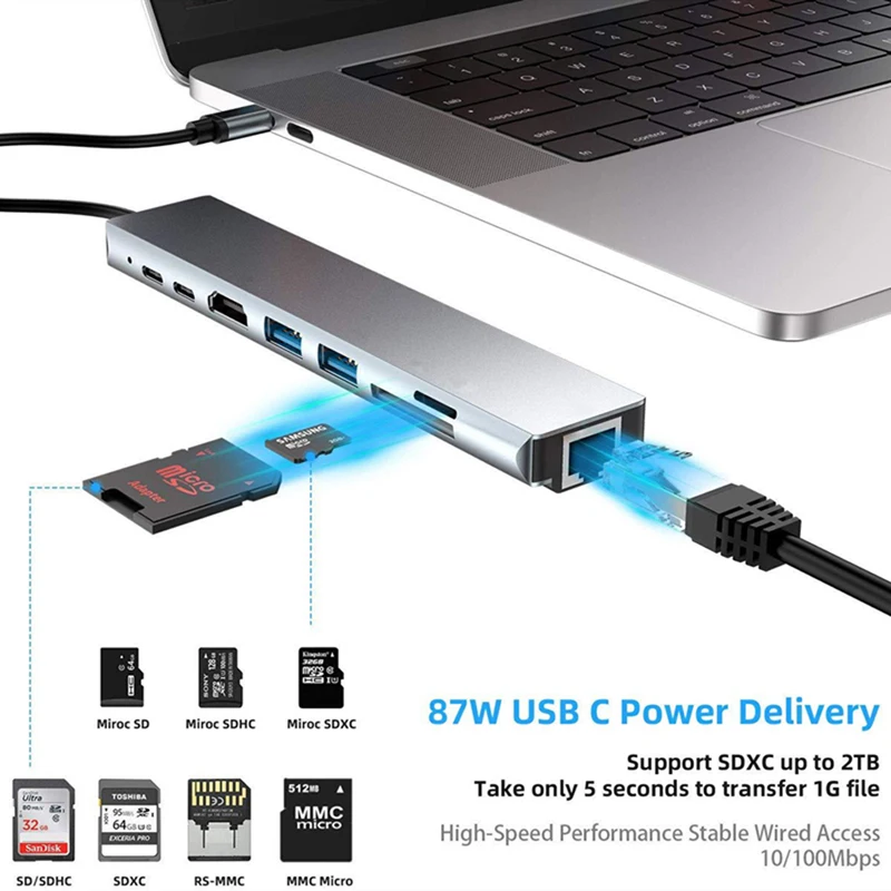 Концентратор USB Type C 3.0 для 4K HDMI-Совместимый RJ45 USB SD /TF Кардридер PD Быстрая зарядка 8-в-1 USB-док-станция USB 3.0 Адаптер Для ноутбука 4