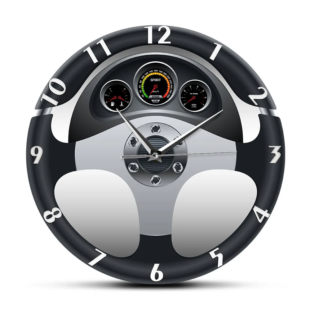 Креативные 12-дюймовые настенные часы - Уникальный дизайн автомобильного рулевого колеса и приборной панели для гостиной, бара и домашнего декора 0