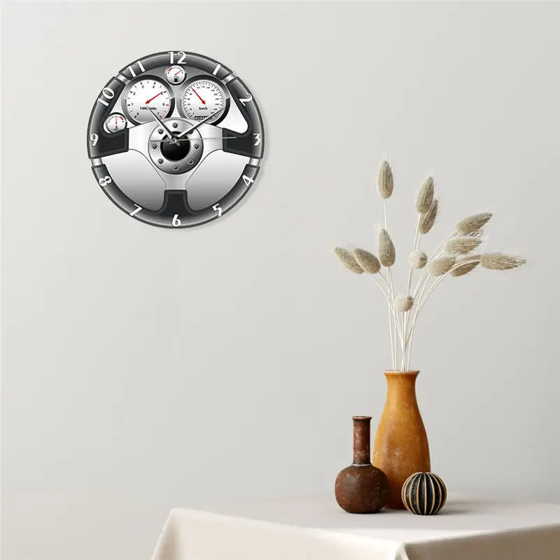 Креативные 12-дюймовые настенные часы - Уникальный дизайн автомобильного рулевого колеса и приборной панели для гостиной, бара и домашнего декора 4