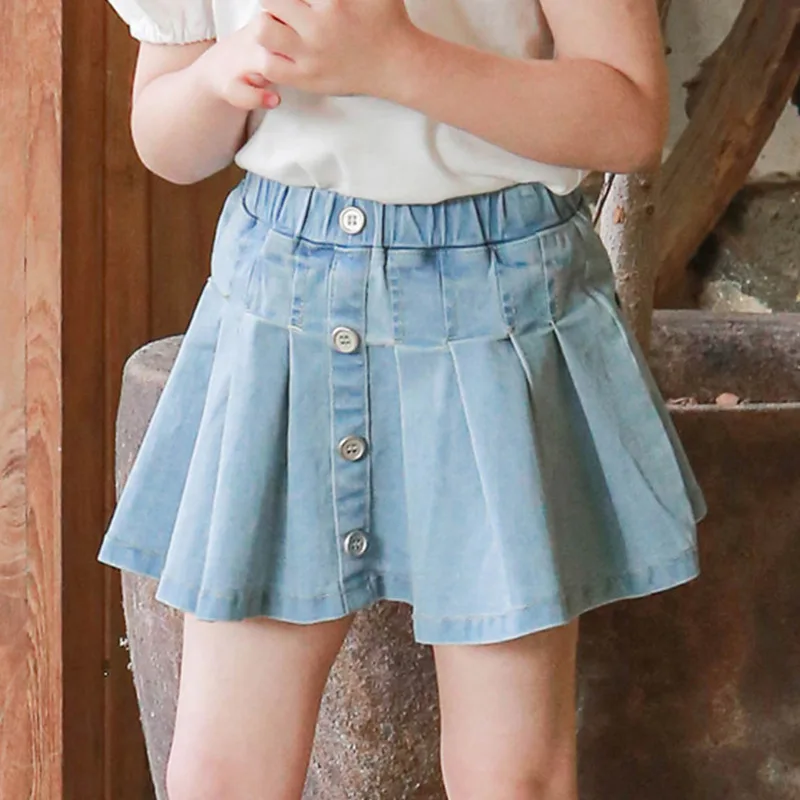 Летняя Корейская детская одежда 2023 года, Модная джинсовая юбка в складку на пуговицах для детей и девочек, джинсы для маленьких девочек, синие джинсы 1