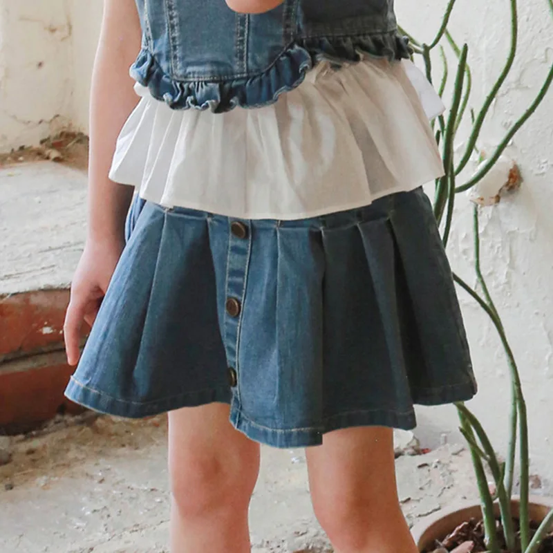 Летняя Корейская детская одежда 2023 года, Модная джинсовая юбка в складку на пуговицах для детей и девочек, джинсы для маленьких девочек, синие джинсы 3