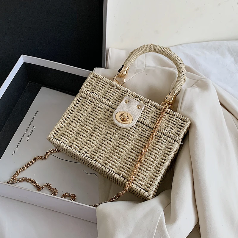 Летняя Соломенная сумка для женщин, Ротанговая коробка ручной работы, сумка через плечо, Дорожная пляжная сумка для отдыха, Высококачественная Квадратная сумка, кошелек 0