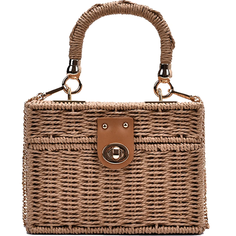 Летняя Соломенная сумка для женщин, Ротанговая коробка ручной работы, сумка через плечо, Дорожная пляжная сумка для отдыха, Высококачественная Квадратная сумка, кошелек 5