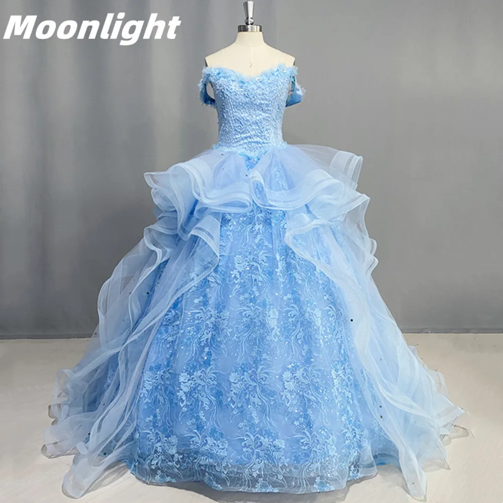 Лунный свет, роскошные бусы, Пышное платье, бальное платье, Блестящее кружевное вечернее платье, Многоуровневые аппликации для сладких 18 3D цветов, реальные фотографии 0