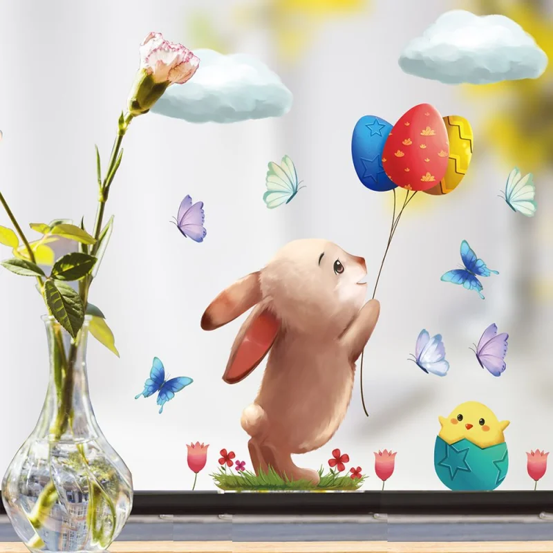 Милые Пасхальные наклейки на окно, Мультяшный кролик, наклейки на стену с кроликом, наклейки с надписью Happy Easter Diy Decoration Poster 0