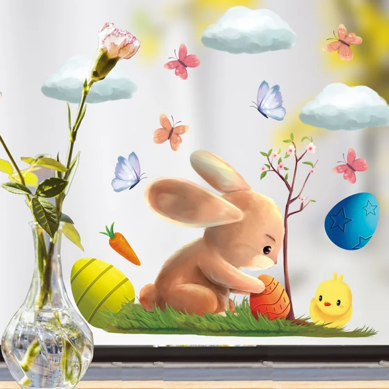 Милые Пасхальные наклейки на окно, Мультяшный кролик, наклейки на стену с кроликом, наклейки с надписью Happy Easter Diy Decoration Poster 1