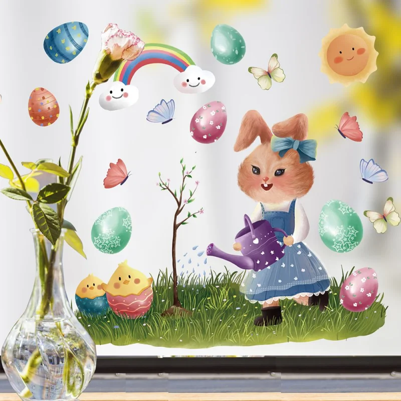 Милые Пасхальные наклейки на окно, Мультяшный кролик, наклейки на стену с кроликом, наклейки с надписью Happy Easter Diy Decoration Poster 2