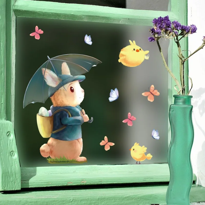 Милые Пасхальные наклейки на окно, Мультяшный кролик, наклейки на стену с кроликом, наклейки с надписью Happy Easter Diy Decoration Poster 3