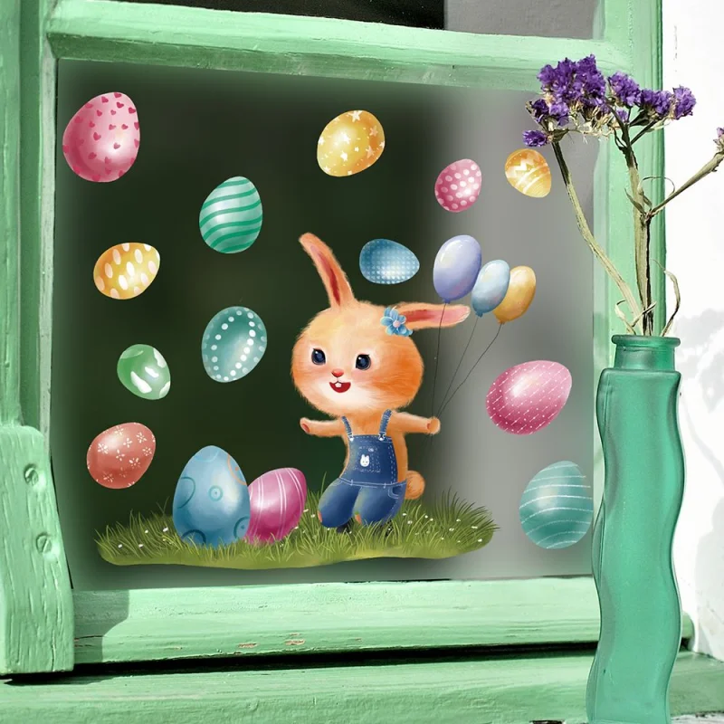 Милые Пасхальные наклейки на окно, Мультяшный кролик, наклейки на стену с кроликом, наклейки с надписью Happy Easter Diy Decoration Poster 4