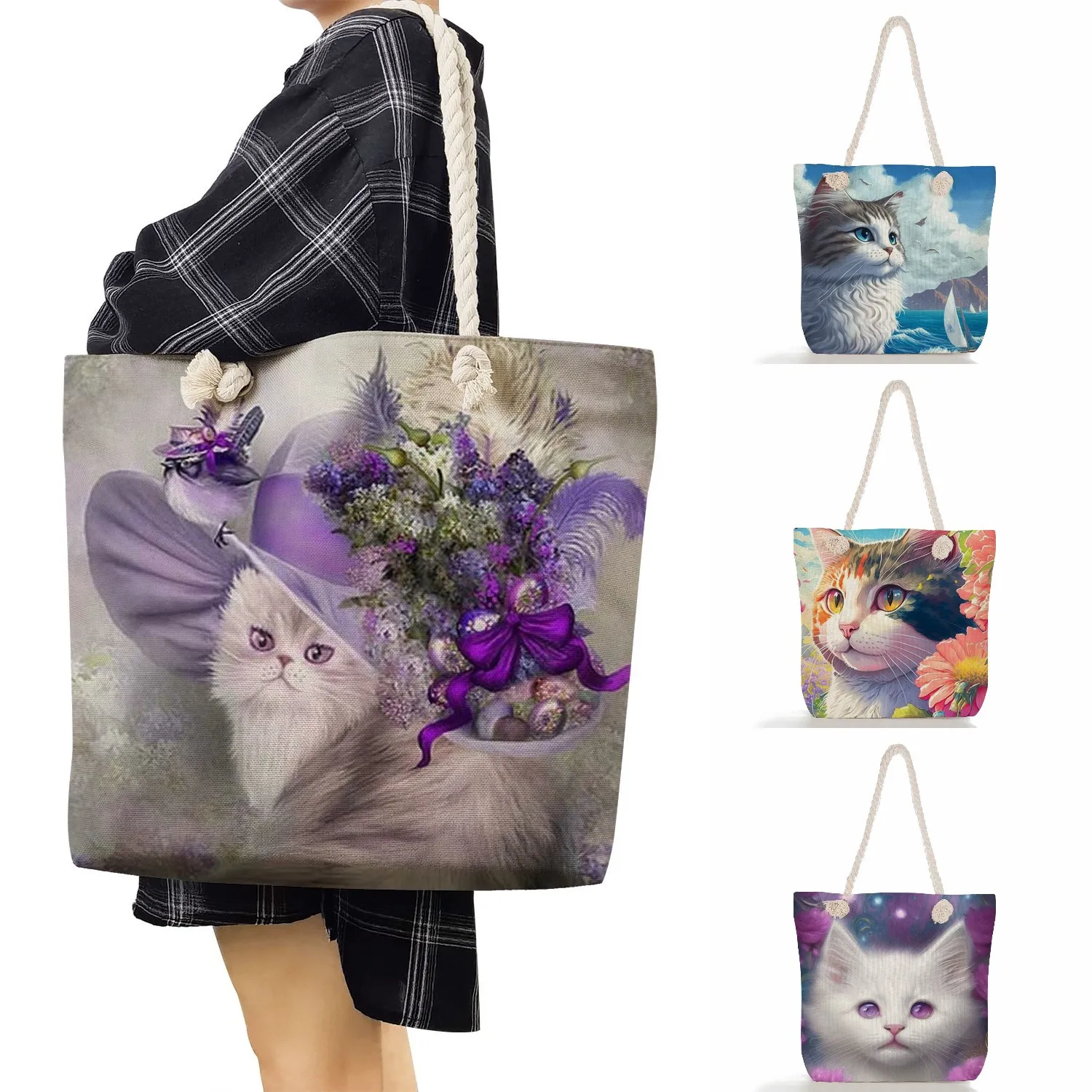 Милые сумки с цветочным животным принтом, Дорожные Пляжные Сумки, Толстая Веревочная сумка, Кошка, Женские Большие сумки для покупок, Модная Уличная сумка через плечо 0