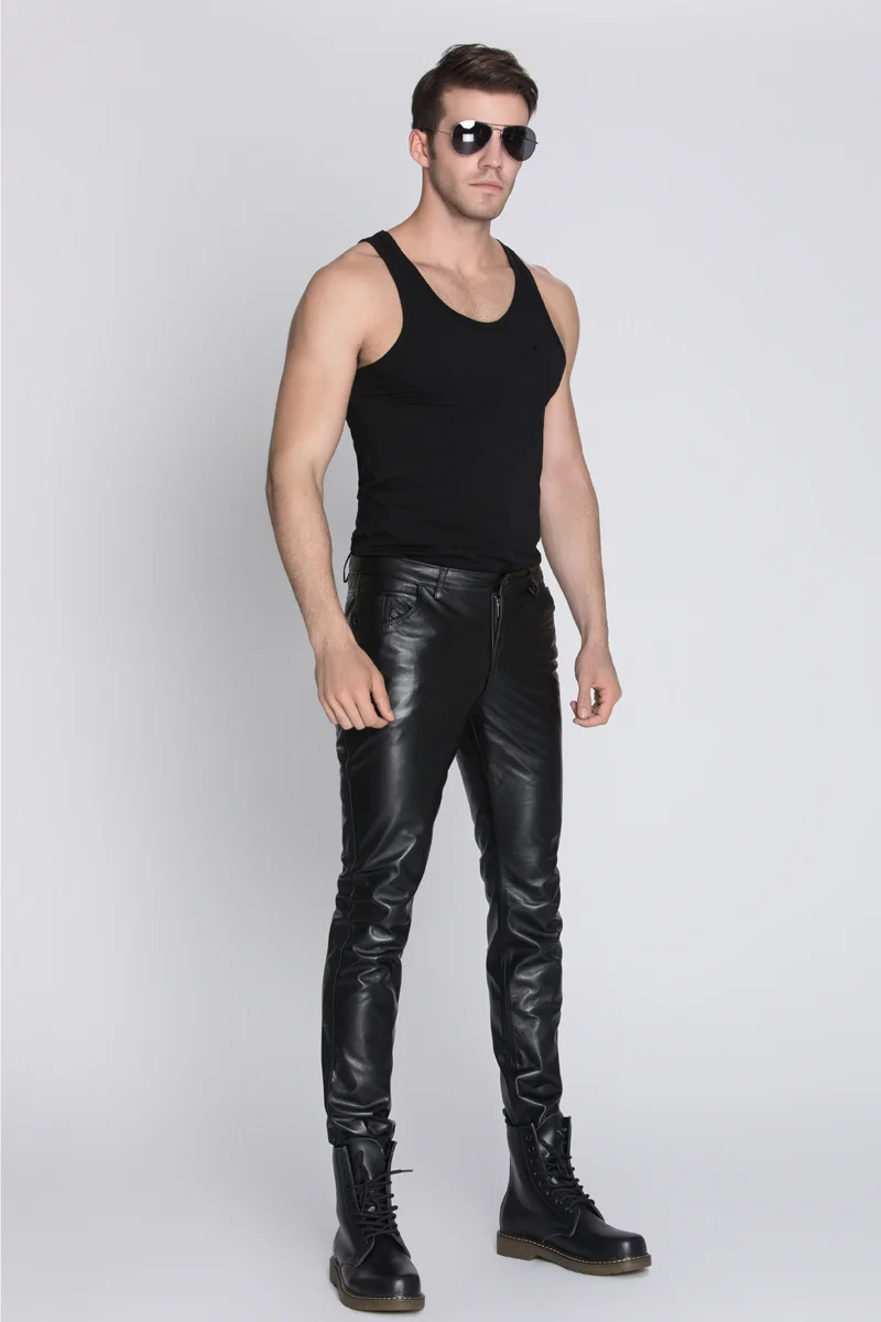 Модные мужские брюки из натуральной кожи, мотоциклетные винтажные брюки из натуральной кожи, овчины, черные коричневые брюки-карандаш, Размер 4XL 2
