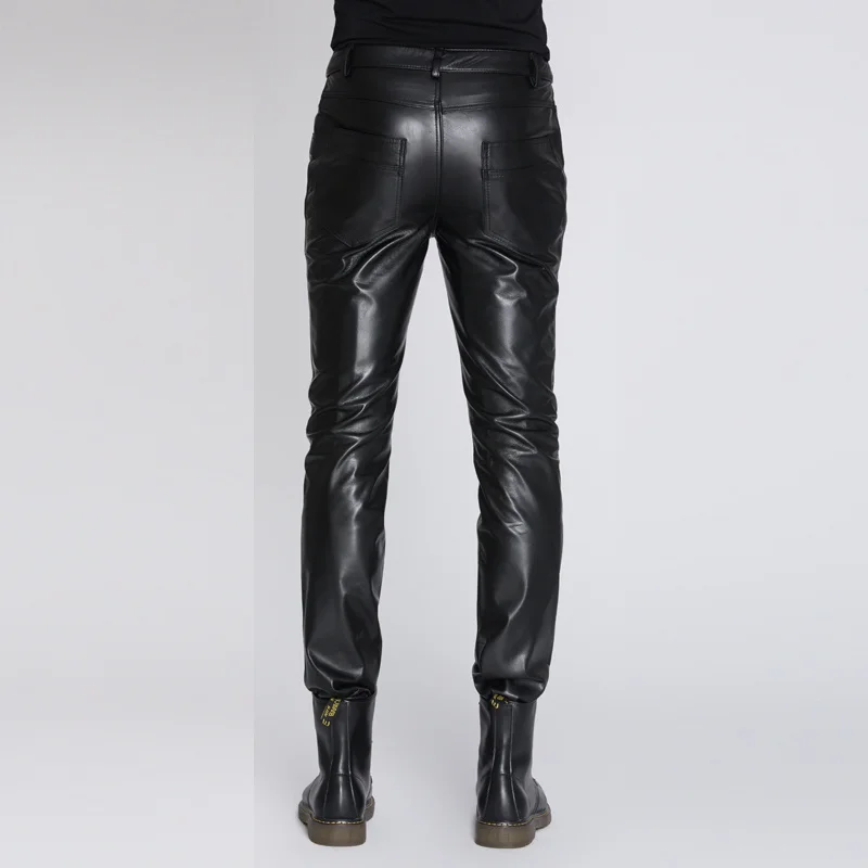 Модные мужские брюки из натуральной кожи, мотоциклетные винтажные брюки из натуральной кожи, овчины, черные коричневые брюки-карандаш, Размер 4XL 3