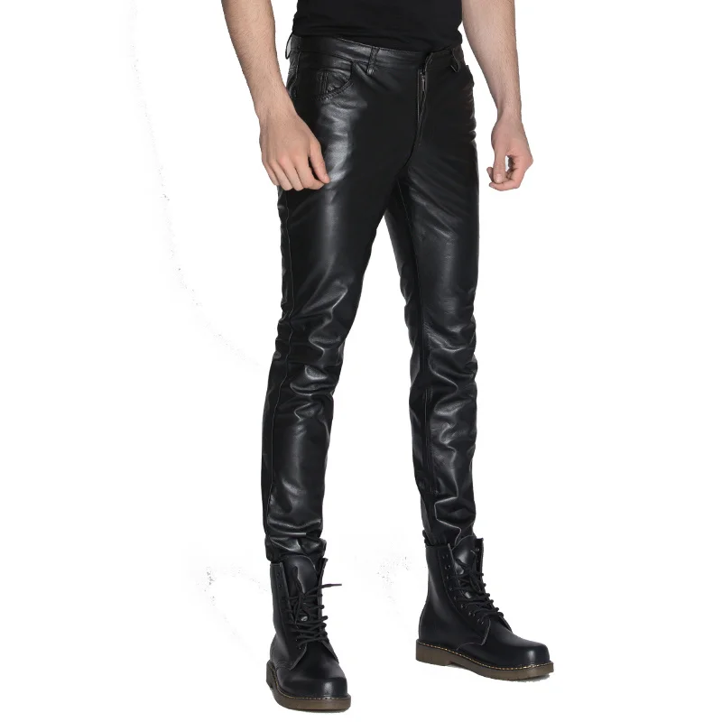 Модные мужские брюки из натуральной кожи, мотоциклетные винтажные брюки из натуральной кожи, овчины, черные коричневые брюки-карандаш, Размер 4XL 4
