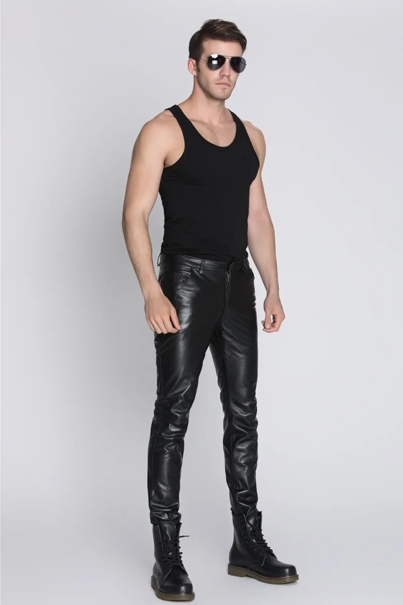 Модные мужские брюки из натуральной кожи, мотоциклетные винтажные брюки из натуральной кожи, овчины, черные коричневые брюки-карандаш, Размер 4XL 5