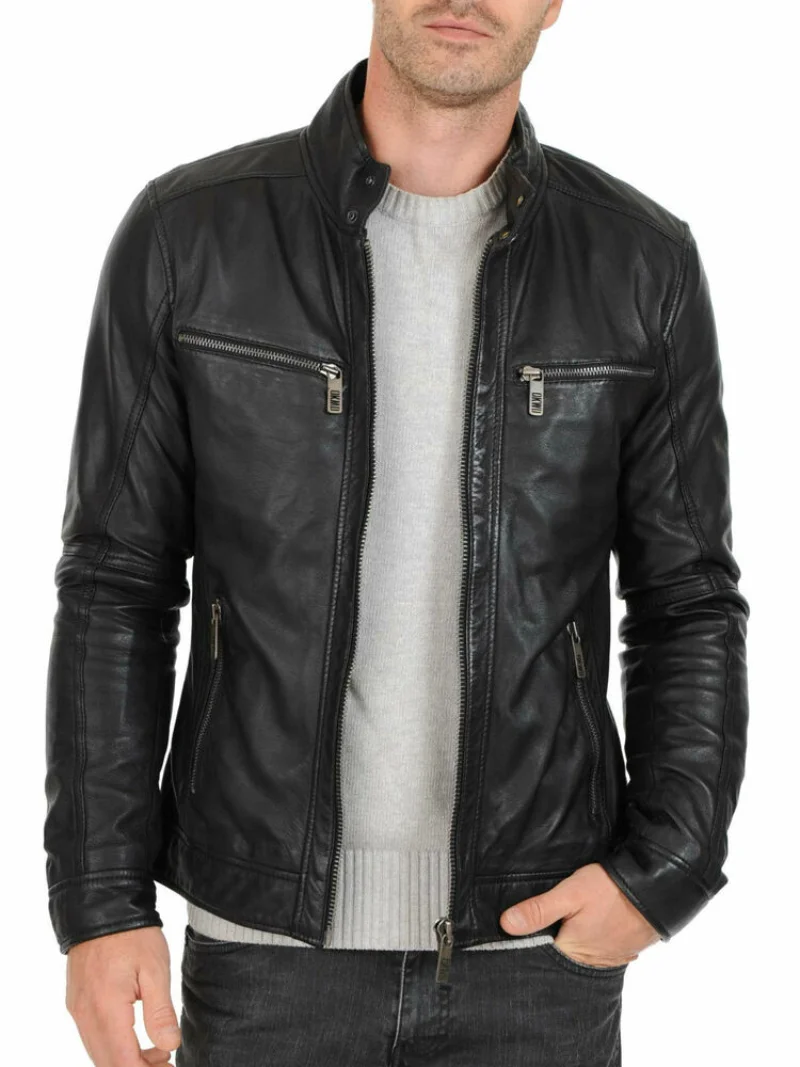 Мужская кожаная куртка со стоячим воротником, мотоциклетная легкая верхняя одежда из натуральной кожи 0