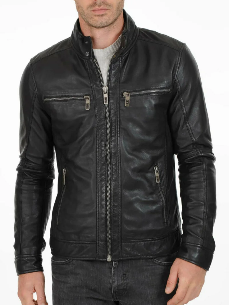 Мужская кожаная куртка со стоячим воротником, мотоциклетная легкая верхняя одежда из натуральной кожи 1
