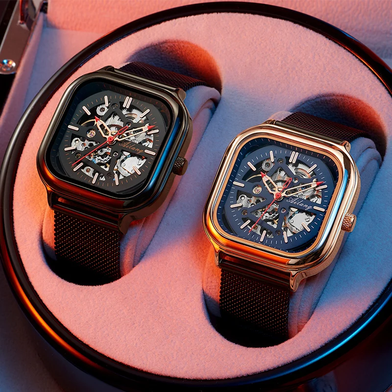 Мужские часы AILANG, лучший бренд класса люкс, механические часы со скелетом, квадратный корпус, хронограф с красной иглой, роскошный повседневный дизайн 0