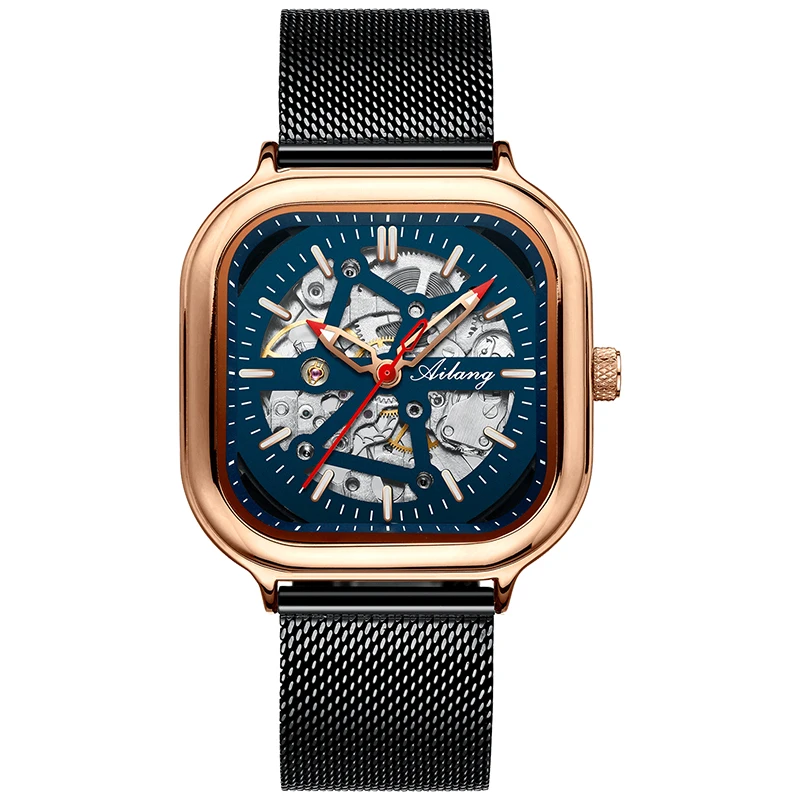 Мужские часы AILANG, лучший бренд класса люкс, механические часы со скелетом, квадратный корпус, хронограф с красной иглой, роскошный повседневный дизайн 5