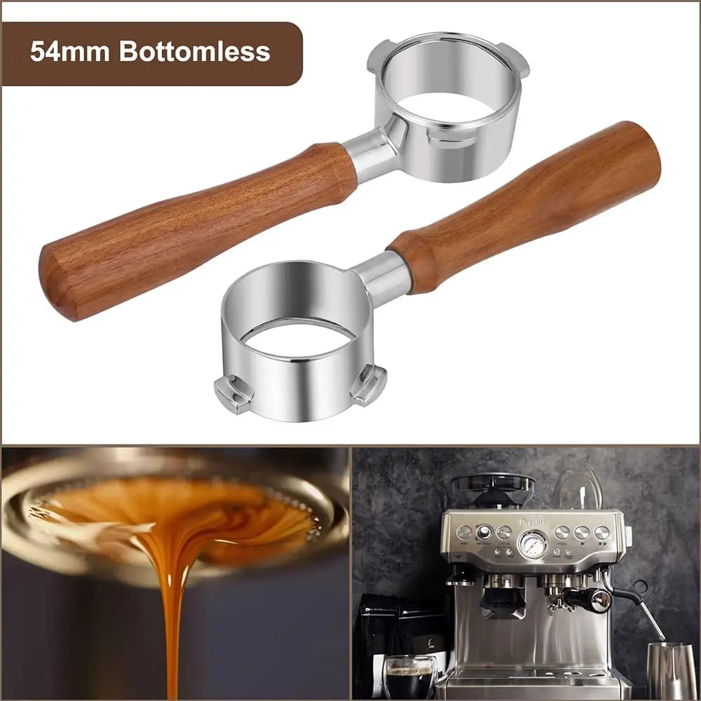 Портафильтр 54 мм без дна для кофемашины Breville 8 серии, Набор из 4 деревянных ручек для приготовления кофе Эспрессо из нержавеющей стали 5