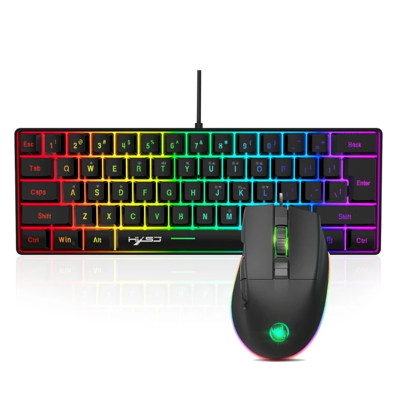 Проводная клавиатура RGB 61 клавиша, игровая полноразмерная комбинированная клавиатура и мышь, эргономичная T5EE 0