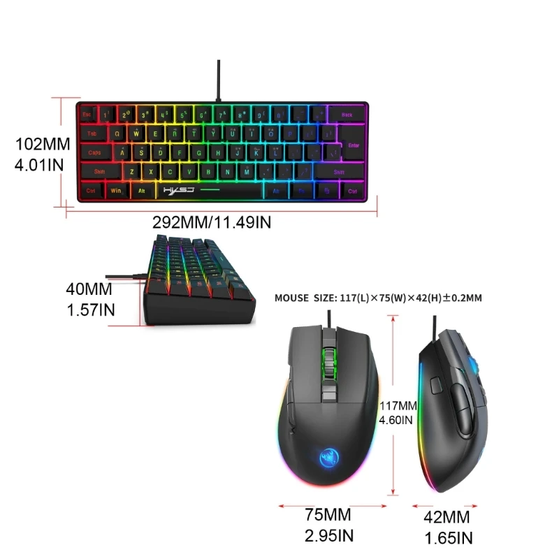 Проводная клавиатура RGB 61 клавиша, игровая полноразмерная комбинированная клавиатура и мышь, эргономичная T5EE 5
