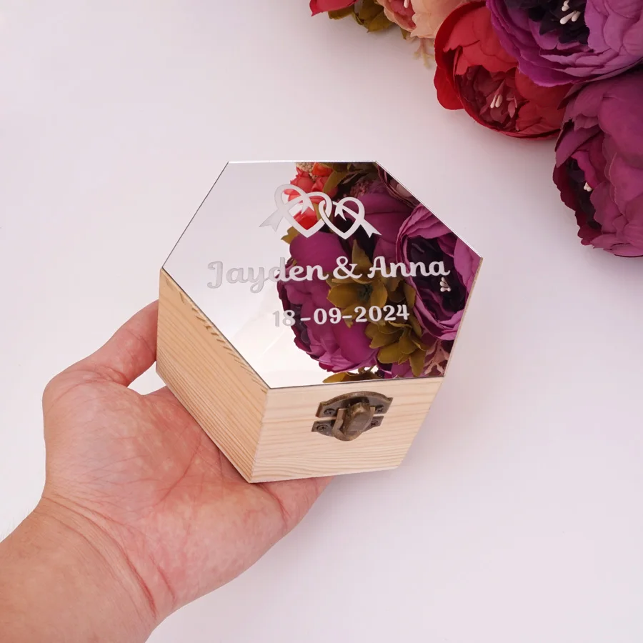 Шестиугольная Акриловая Зеркальная коробка с Сердечками, Пользовательское Имя, Дата, Подарочные деревянные коробки для Вечеринок, Свадебный держатель для конфет, Декор дисплея 0
