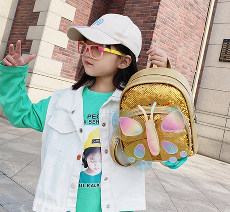Школьная сумка для девочек в детском саду, детский рюкзак с блестками от 2 до 5 лет, Защита от потери, милая детская сумка с объемной бабочкой 2