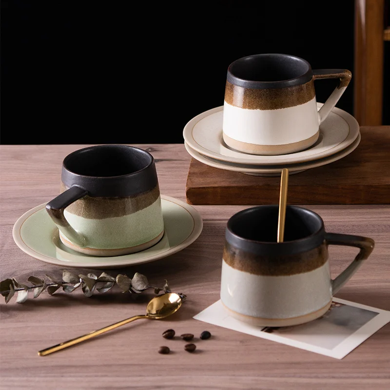 набор кофейных чашек и блюдец из керамики объемом 300 мл в японском ретро стиле, Маленькая изысканная кофейная чашка для латте, Чашка для домашнего завтрака, послеобеденный чай, Чайный набор 0