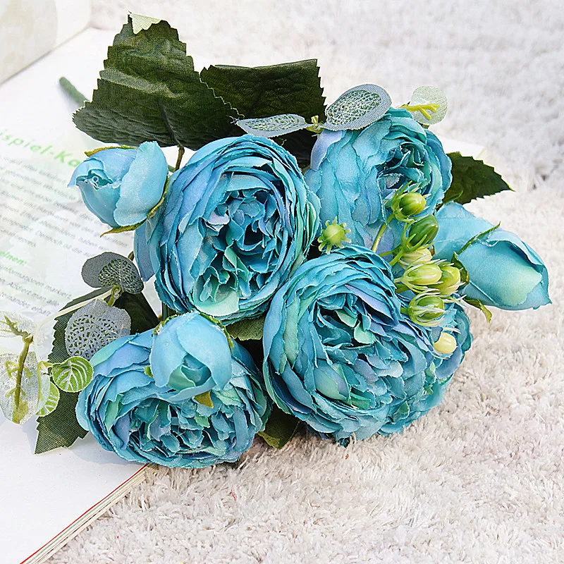 1 Букет синих Искусственных цветов, Пион, Чайная роза, Осенние Шелковые искусственные цветы для DIY гостиной, домашнего сада, свадебного украшения 1
