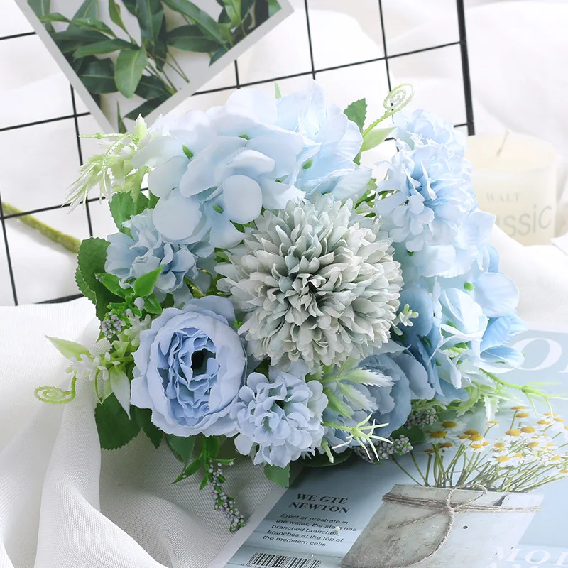 1 Букет синих Искусственных цветов, Пион, Чайная роза, Осенние Шелковые искусственные цветы для DIY гостиной, домашнего сада, свадебного украшения 4