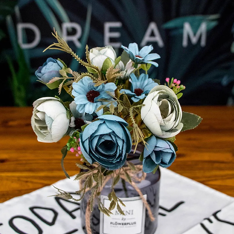 1 Букет синих Искусственных цветов, Пион, Чайная роза, Осенние Шелковые искусственные цветы для DIY гостиной, домашнего сада, свадебного украшения 5
