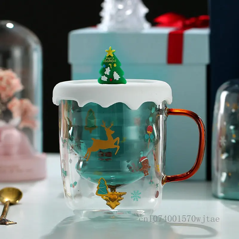 1 шт. Мультяшная двухслойная рождественская чашка, теплоизоляция, защита от ожогов, подарочный стакан с ручкой, Рождественская елка, олень, кофейная чашка для молока 0