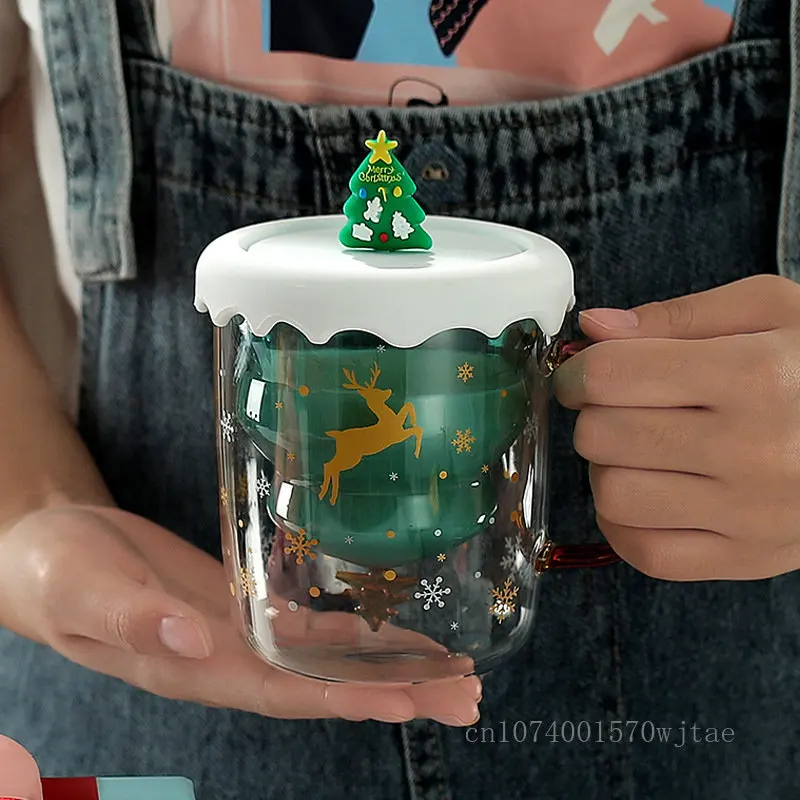 1 шт. Мультяшная двухслойная рождественская чашка, теплоизоляция, защита от ожогов, подарочный стакан с ручкой, Рождественская елка, олень, кофейная чашка для молока 1