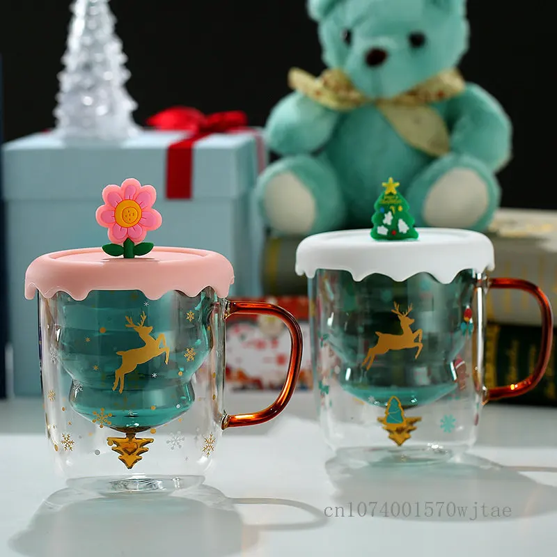 1 шт. Мультяшная двухслойная рождественская чашка, теплоизоляция, защита от ожогов, подарочный стакан с ручкой, Рождественская елка, олень, кофейная чашка для молока 3