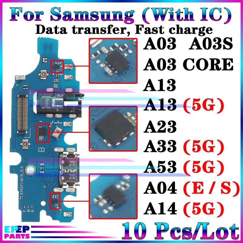 10 шт./лот, Usb Зарядное устройство, Порт, Гибкий кабель для Samsung Galaxy A03 Core A03S A13 A23 A33 A53 A04 A04E A04S A14, Зарядная плата 5G 0