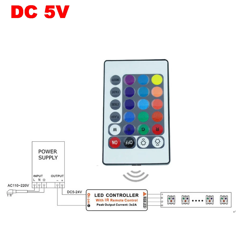 1шт USB RGB светодиодный контроллер DC5V Диммер 24-клавишный мини-инфракрасный контроллер с двумя головками для DC5V RGB светодиодной ленты освещения 0