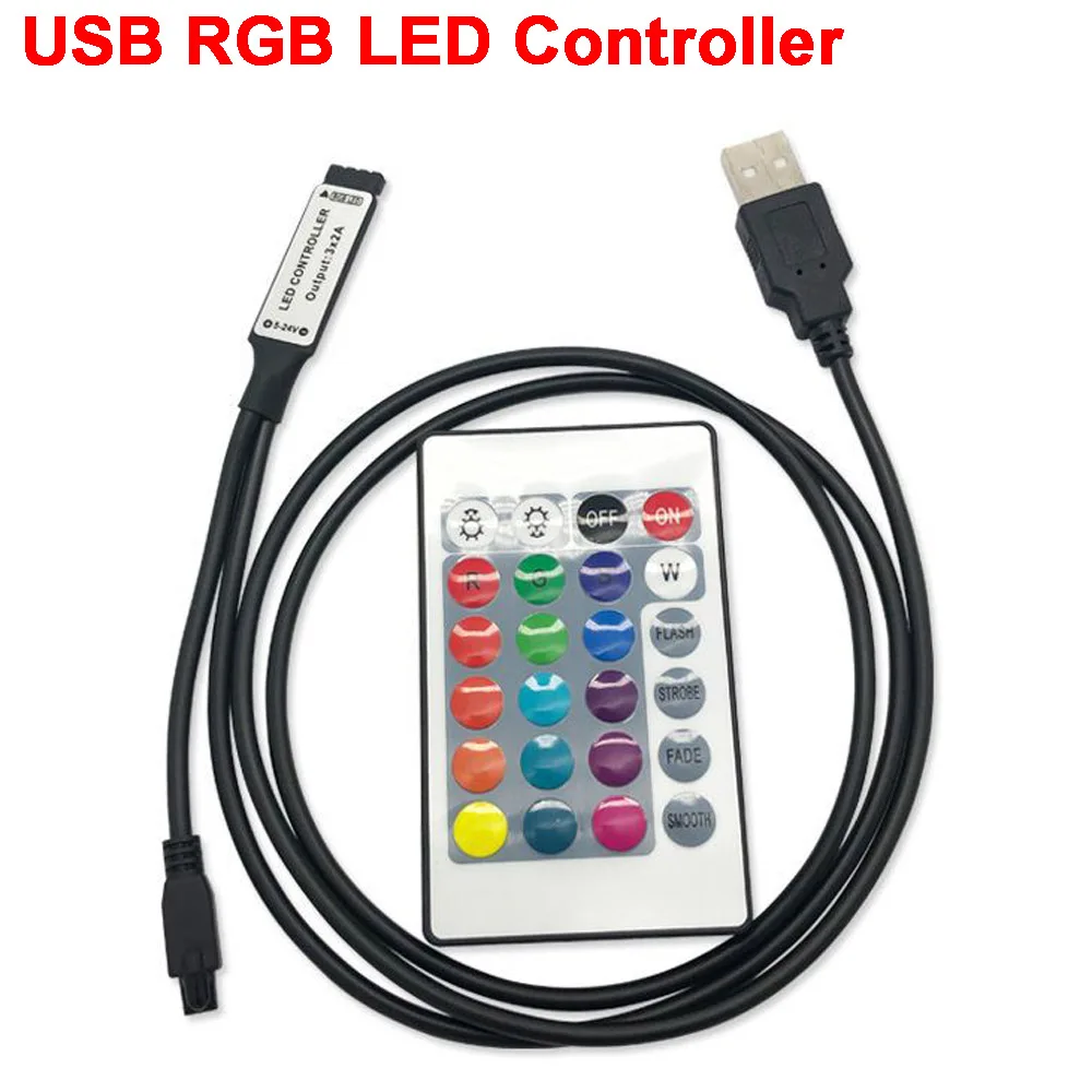 1шт USB RGB светодиодный контроллер DC5V Диммер 24-клавишный мини-инфракрасный контроллер с двумя головками для DC5V RGB светодиодной ленты освещения 2