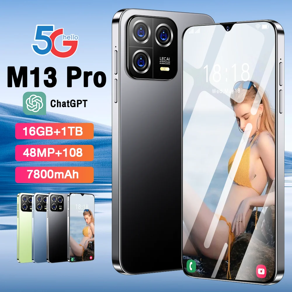 2023 Оригинальный Смартфон M13Pro 7,3 HD Полноэкранный 5G Разблокированный Мобильный телефон 16 + 1 ТБ с двумя Sim-картами 48MP + 108MP 7800 мАч Android 13 Бренд 0
