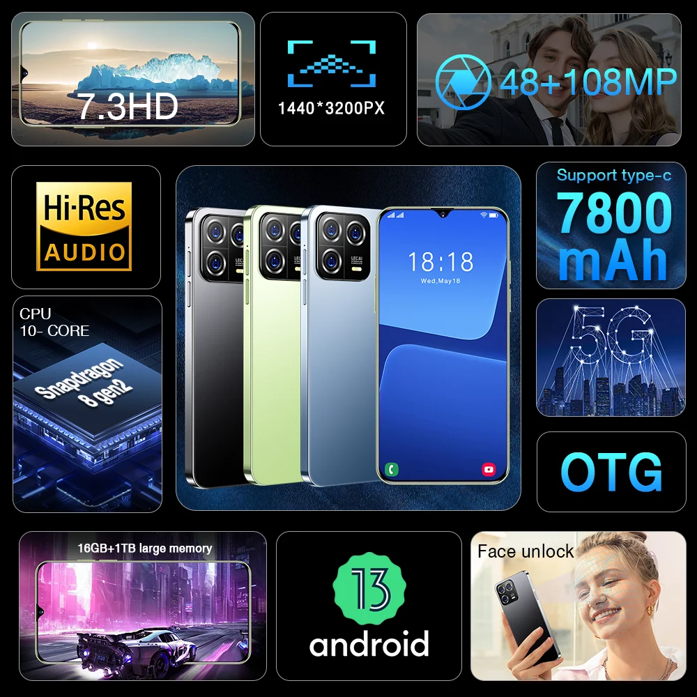 2023 Оригинальный Смартфон M13Pro 7,3 HD Полноэкранный 5G Разблокированный Мобильный телефон 16 + 1 ТБ с двумя Sim-картами 48MP + 108MP 7800 мАч Android 13 Бренд 1