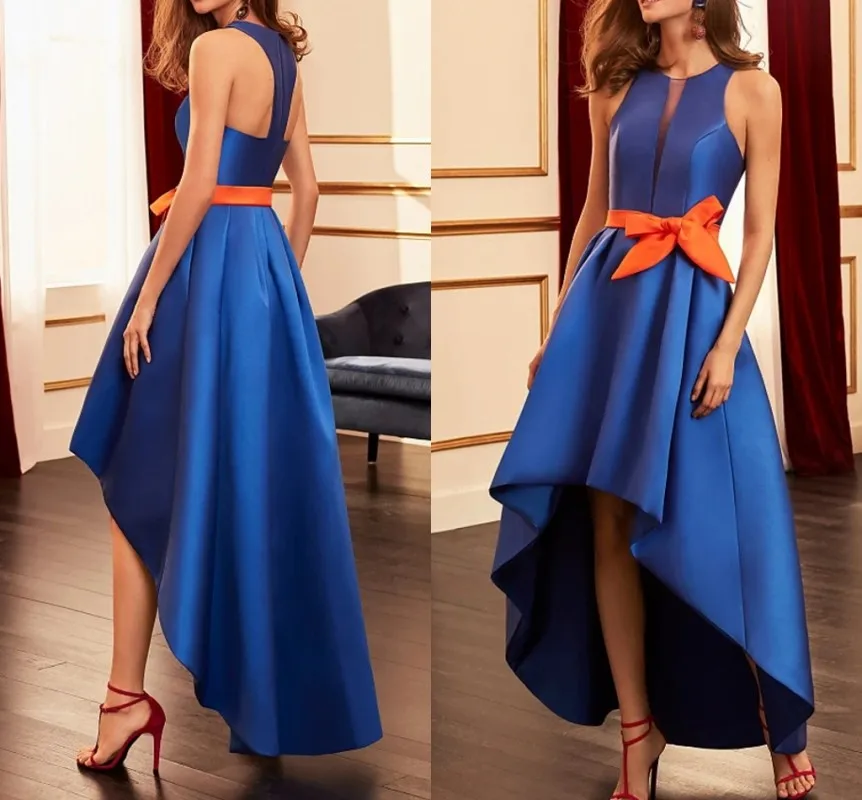 2024 Синее Вечернее платье с высокой Посадкой и Круглым вырезом, Асимметричное Атласное платье с оранжевым бантом, платья для выпускного вечера, Праздничная одежда, Халат De Soriee 0
