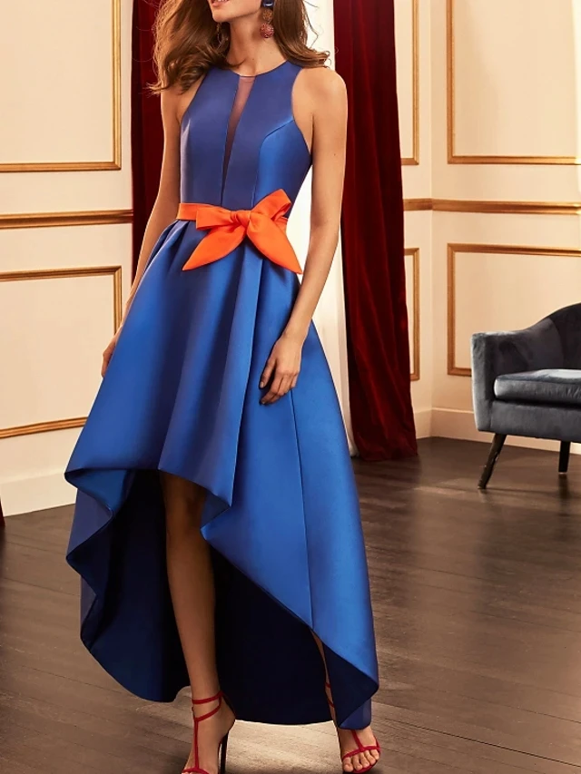 2024 Синее Вечернее платье с высокой Посадкой и Круглым вырезом, Асимметричное Атласное платье с оранжевым бантом, платья для выпускного вечера, Праздничная одежда, Халат De Soriee 1