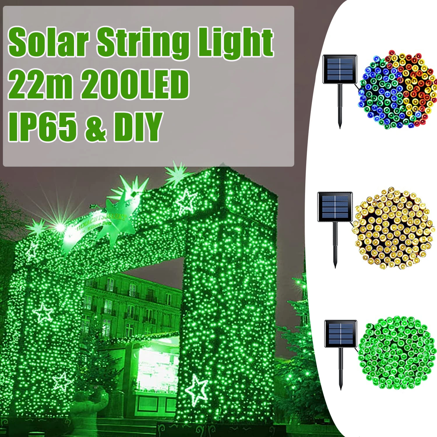 22 М 200LED Солнечный струнный светильник, Сказочная гирлянда с 8 режимами, уличные водонепроницаемые ландшафтные светильники для вечеринки в саду, декор для елки 0