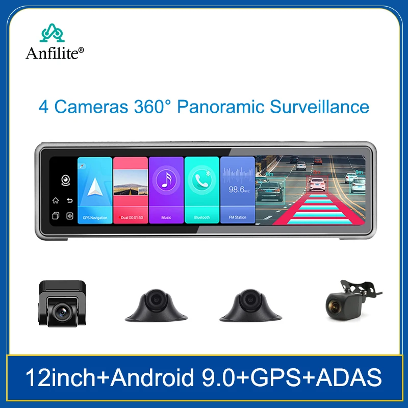 4-Канальный Панорамный монитор 360 ° ADAS 1080P 12-Дюймовый Android 9,0 GPS Видеомагнитофон 2 ГБ + 32 ГБ Видеорегистратор Ночного видения С 4 Камерами 0