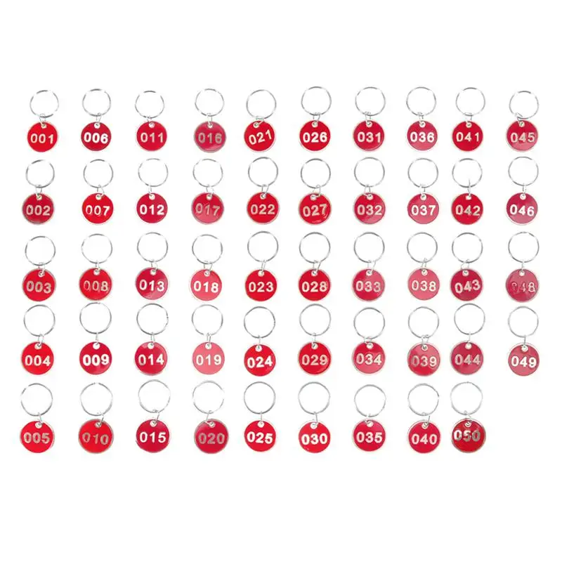 50 шт. подвесные бирки с номерами, Практичные металлические номерные знаки, Багажные идентификационные бирки, брелки для ключей, ярлыки для офиса, отеля, красный (номер 1-50) 0